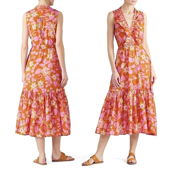 WARM 70s Tropical Floral Sleeveless Ruffle Trim V-Neck Flounce Tier Midi Dress M - Picture 4 of 10